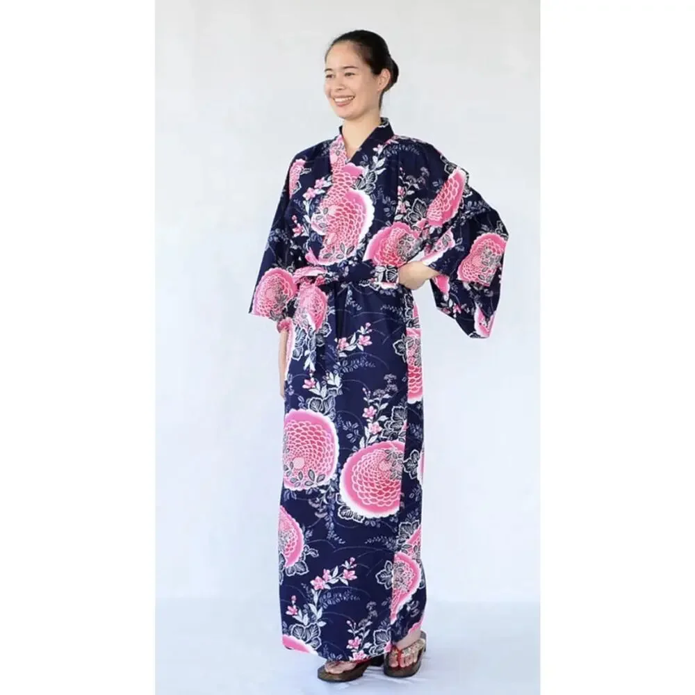 Japanese Yukata Women's 100% Cotton Peony and Chrysanthemum XL (61) KYOTO SEN'I - Picture 2 of 13